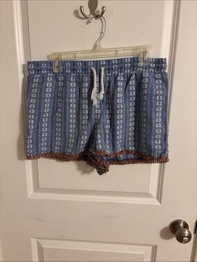 EUC Mossimo Supply Co. Blue Striped Floral Drawstring Shorts with Fringe